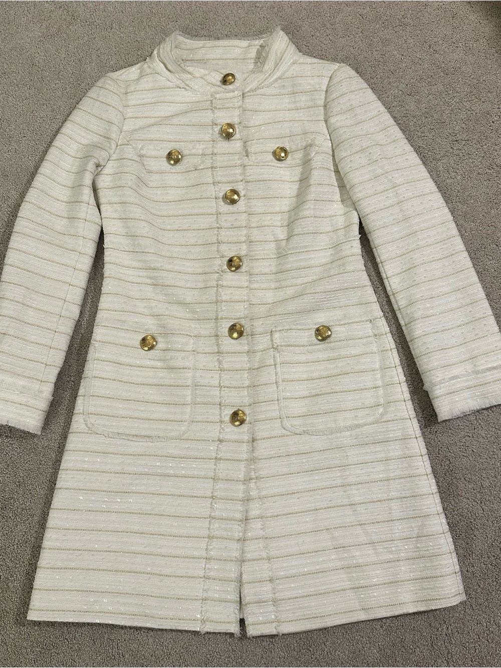 Lilly Pulitzer Camilla Cream Ivory Boucle Tweed Gold Button Front Coat XS